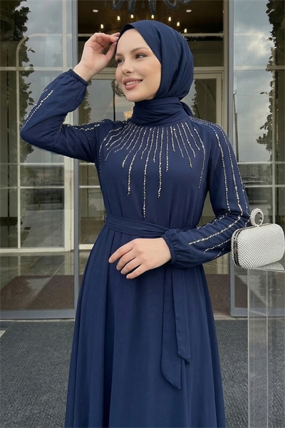 Yakası Kolları Taşlı Lacivert Abiye