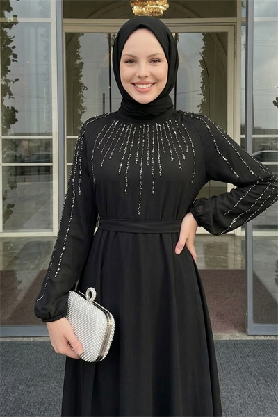 Yakası Kolları Taşlı Siyah Abiye