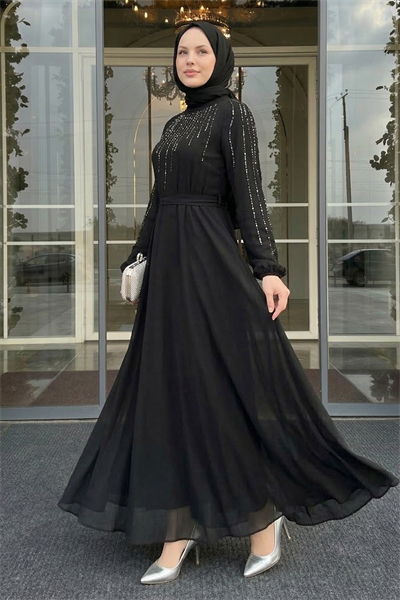 Yakası Kolları Taşlı Siyah Abiye
