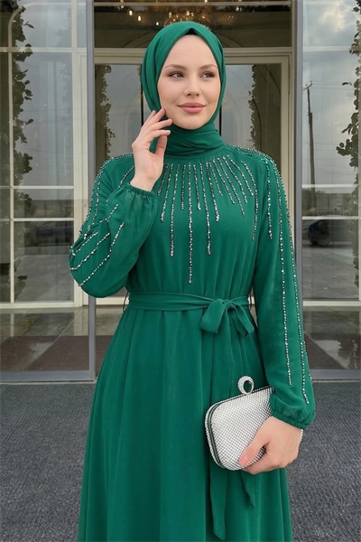 Yakası Kolları Taşlı Yeşil Abiye
