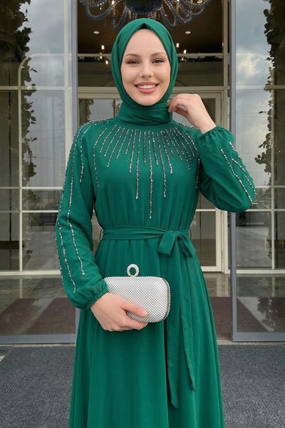 Yakası Kolları Taşlı Yeşil Abiye