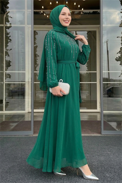 Yakası Kolları Taşlı Yeşil Abiye
