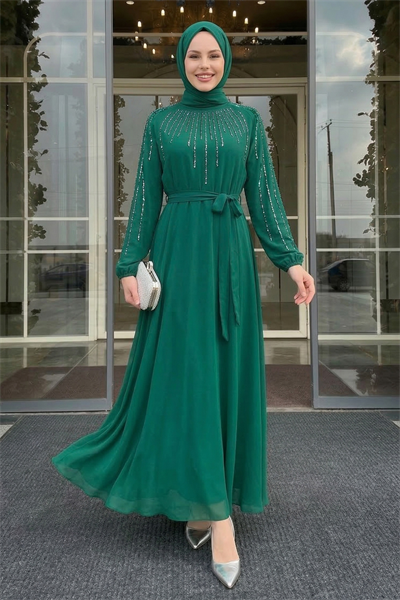 Yakası Kolları Taşlı Yeşil Abiye