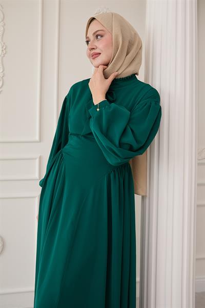 Yakası Kuşaklı Kolları Balon Zümrüt Yeşili Elbise