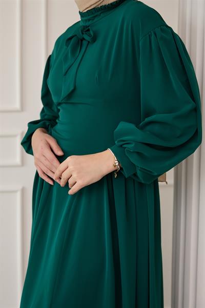 Yakası Kuşaklı Kolları Balon Zümrüt Yeşili Elbise