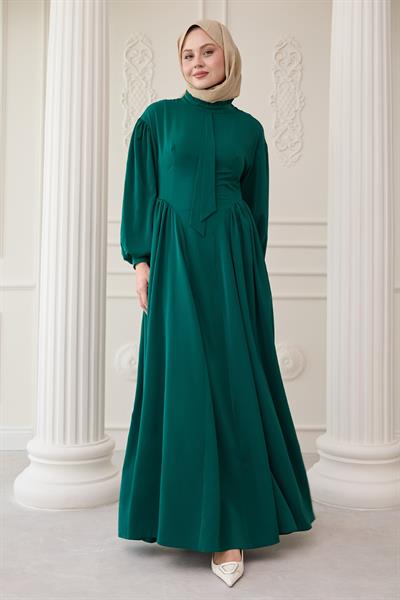 Yakası Kuşaklı Kolları Balon Zümrüt Yeşili Elbise