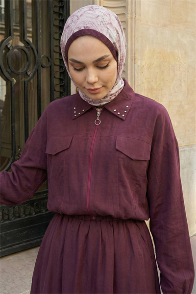 Yakası Taşlı Fermuarlı Bordo Modal Takım