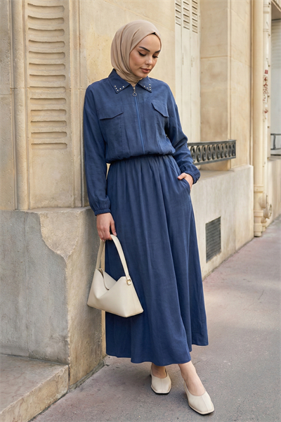 Yakası Taşlı Fermuarlı İndigo Modal Takım