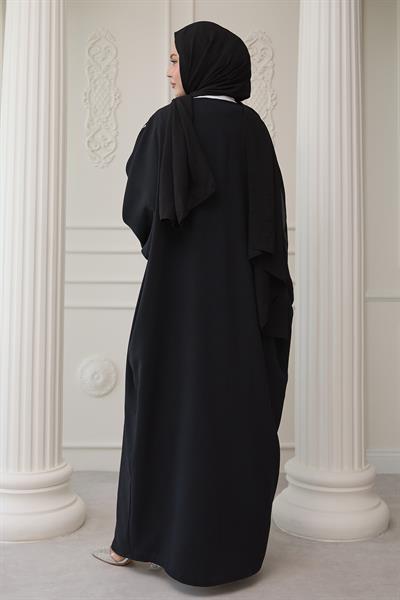 Yakası Taşlı Yarasa Kol Elbiseli Abaya Siyah