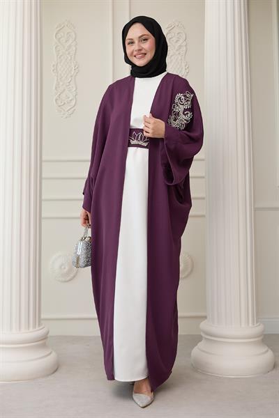 Yakası Taşlı Yarasa Kol Elbiseli Abaya Mor