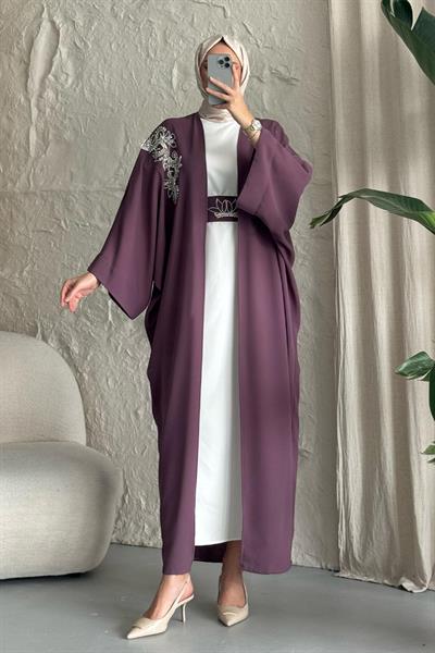 Yakası Taşlı Yarasa Kol Elbiseli Abaya Gül Kurusu