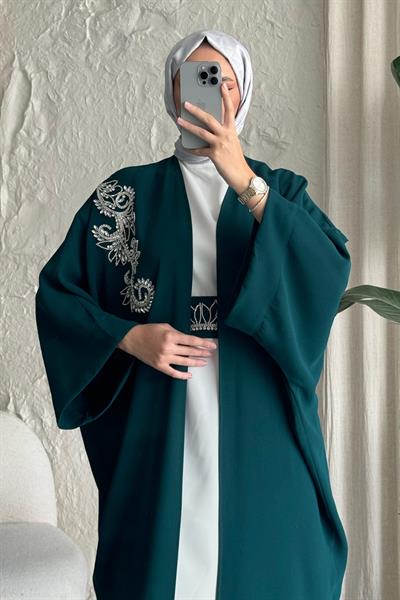 Yakası Taşlı Yarasa Kol Elbiseli Abaya Petrol Mavisi