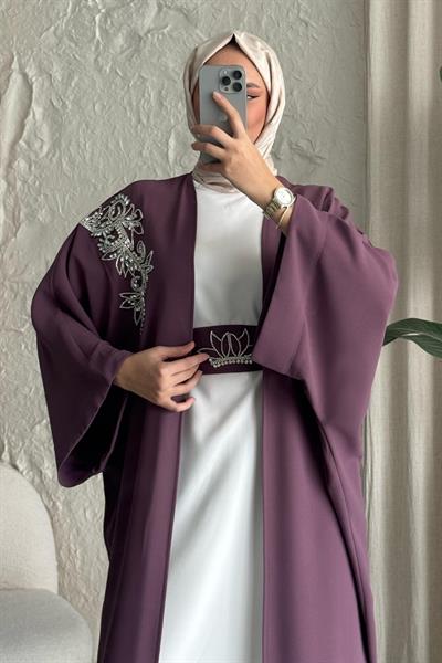 Yakası Taşlı Yarasa Kol Elbiseli Abaya Gül Kurusu