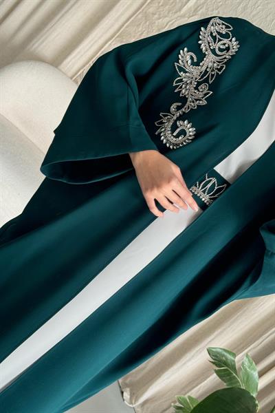 Yakası Taşlı Yarasa Kol Elbiseli Abaya Petrol Mavisi