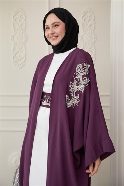 Yakası Taşlı Yarasa Kol Elbiseli Abaya Mor