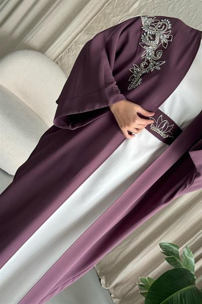 Yakası Taşlı Yarasa Kol Elbiseli Abaya Gül Kurusu