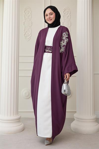 Yakası Taşlı Yarasa Kol Elbiseli Abaya Mor