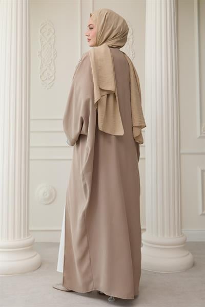 Yakası Taşlı Yarasa Kol Elbiseli Abaya Bej