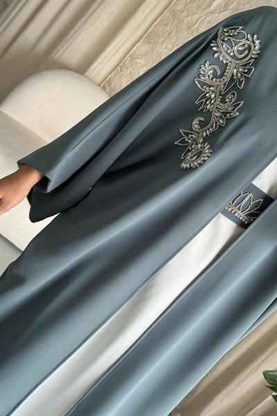 Yakası Taşlı Yarasa Kol Elbiseli Abaya Mint