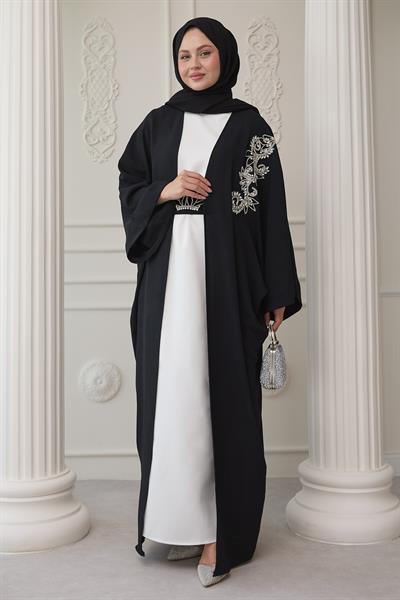 Yakası Taşlı Yarasa Kol Elbiseli Abaya Siyah