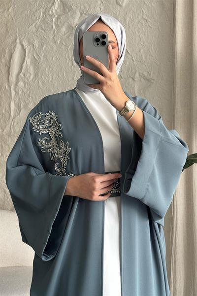 Yakası Taşlı Yarasa Kol Elbiseli Abaya Mint