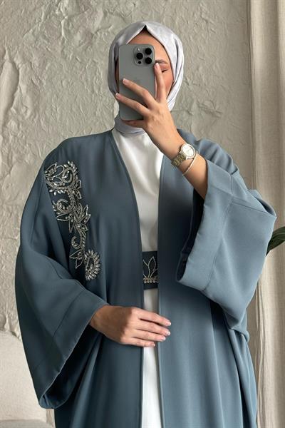 Yakası Taşlı Yarasa Kol Elbiseli Abaya Mint