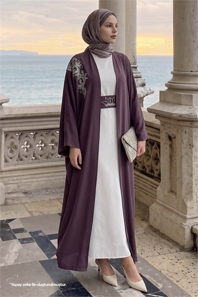 Yakası Taşlı Yarasa Kol Elbiseli Abaya Gül Kurusu