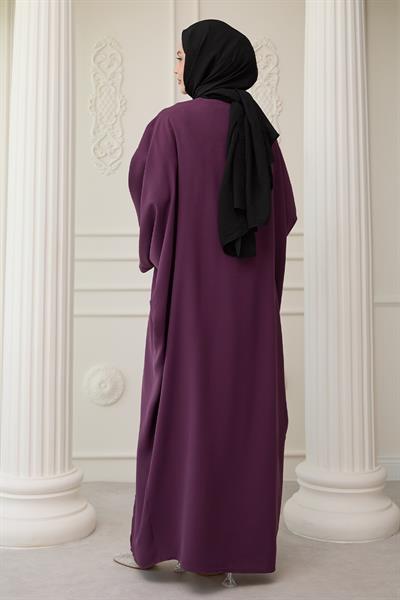 Yakası Taşlı Yarasa Kol Elbiseli Abaya Mor