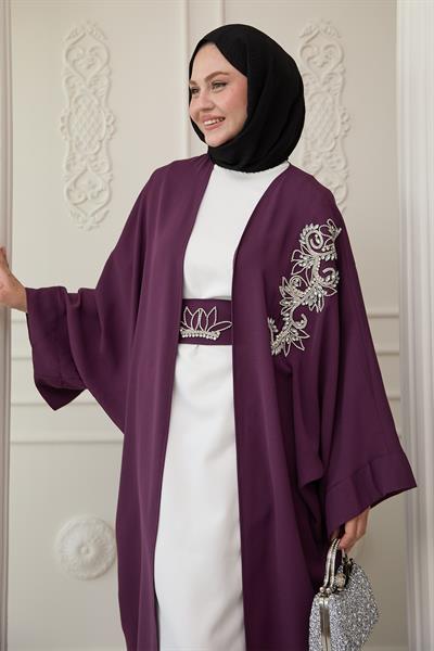 Yakası Taşlı Yarasa Kol Elbiseli Abaya Mor