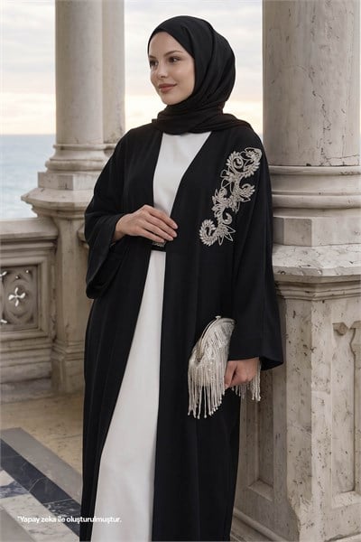 Yakası Taşlı Yarasa Kol Elbiseli Abaya Siyah