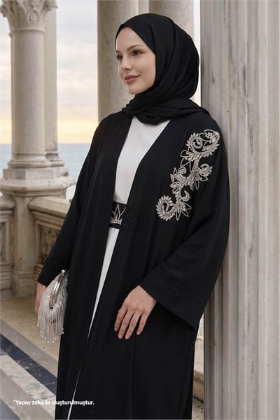 Yakası Taşlı Yarasa Kol Elbiseli Abaya Siyah