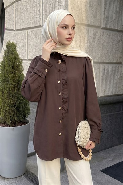 Yakası ve Kolları Fırfır Detay Acı Kahve Gömlek