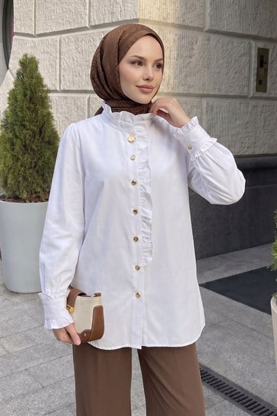 Yakası ve Kolları Fırfır Detay Beyaz Gömlek