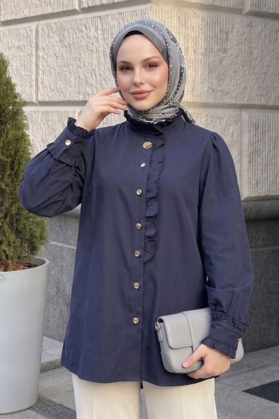 Yakası ve Kolları Fırfır Detay Lacivert Gömlek