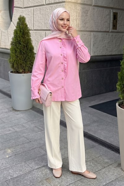 Yakası ve Kolları Fırfır Detay Pembe Gömlek