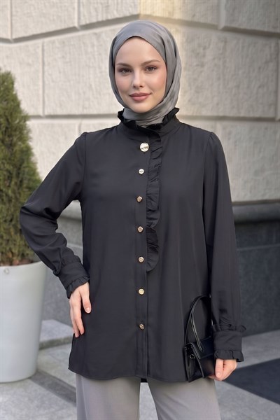 Yakası ve Kolları Fırfır Detay Siyah Gömlek
