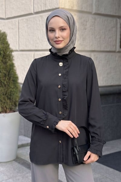 Yakası ve Kolları Fırfır Detay Siyah Gömlek