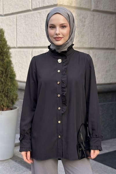 Yakası ve Kolları Fırfır Detay Siyah Gömlek