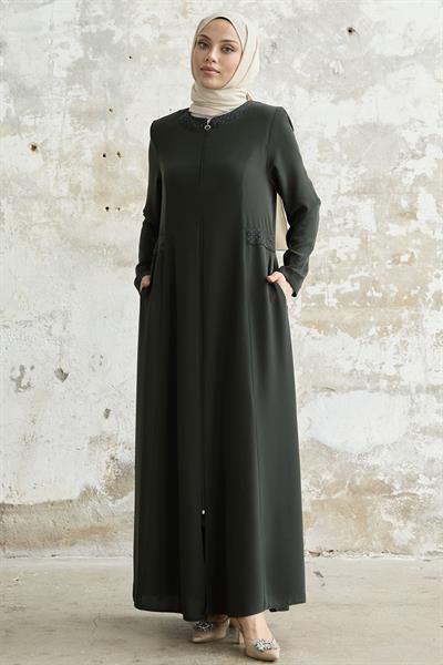 Yakası Ve Kolu Taşlı haki Ferace