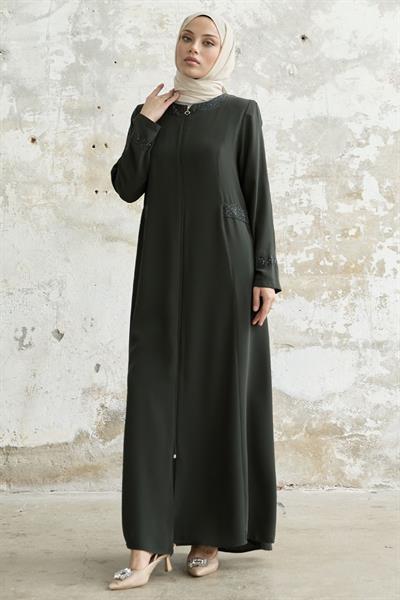 Yakası Ve Kolu Taşlı haki Ferace