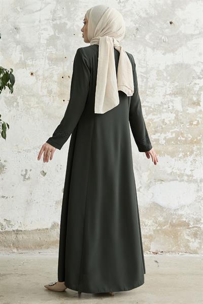 Yakası Ve Kolu Taşlı haki Ferace