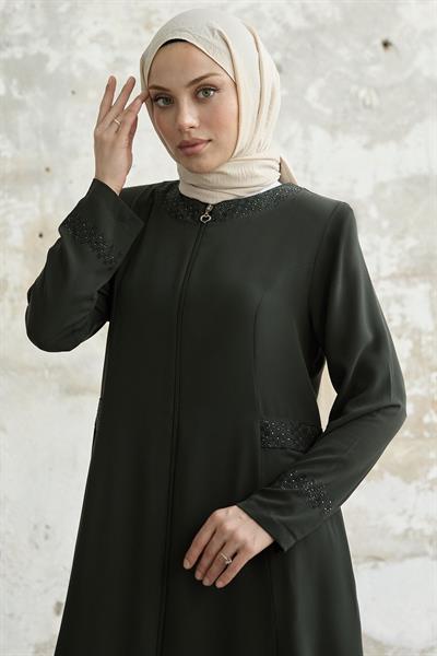 Yakası Ve Kolu Taşlı haki Ferace