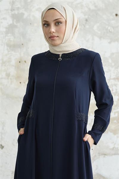 Yakası Ve Kolu Taşlı Lacivert Ferace