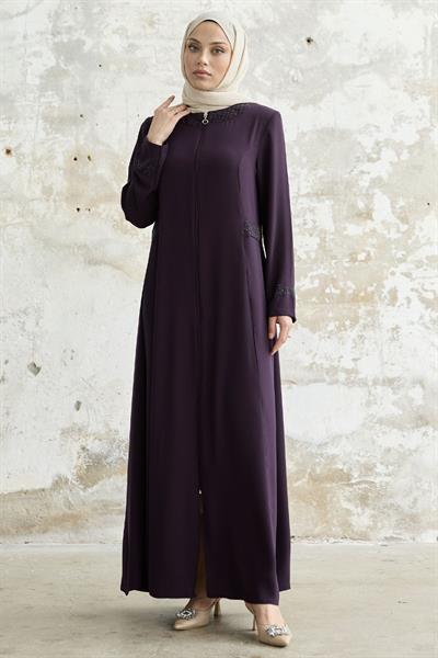 Yakası Ve Kolu Taşlı Mürdüm Ferace