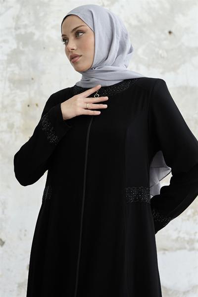 Yakası Ve Kolu Taşlı Siyah Ferace
