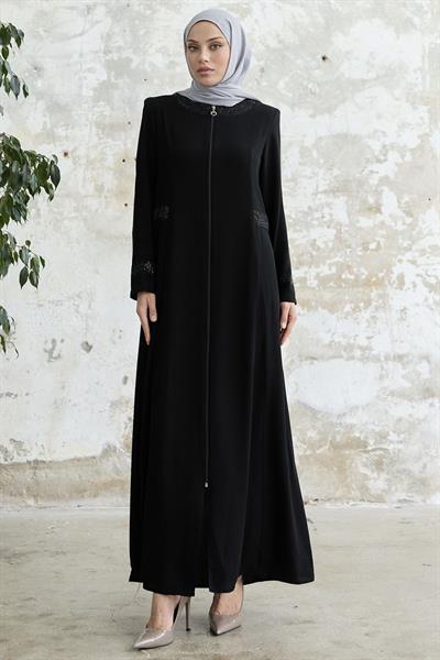 Yakası Ve Kolu Taşlı Siyah Ferace