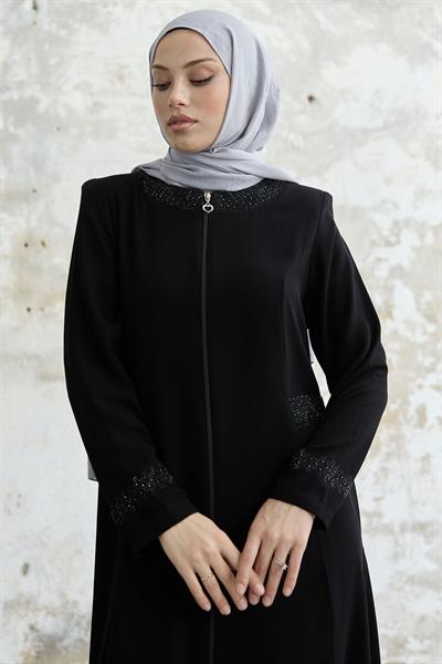 Yakası Ve Kolu Taşlı Siyah Ferace