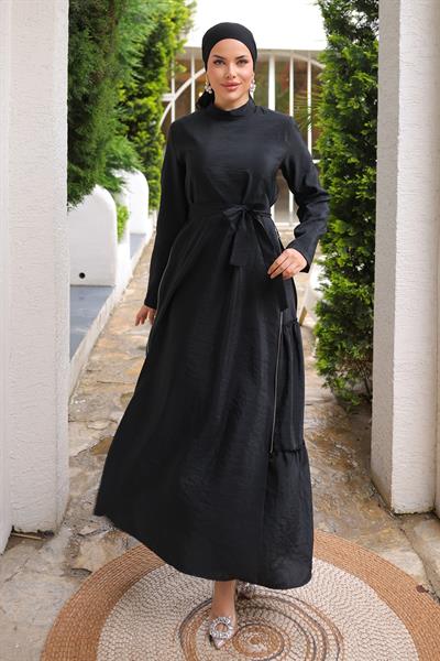 Yandan Fermuar Detaylı Modal Siyah Elbise