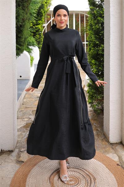 Yandan Fermuar Detaylı Modal Siyah Elbise