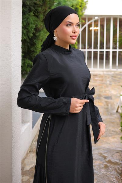 Yandan Fermuar Detaylı Modal Siyah Elbise